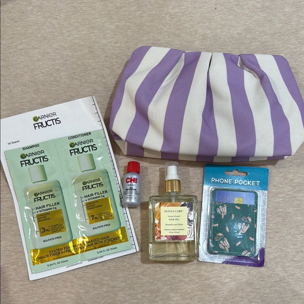 Hair Care Set with Purple and White Striped Bag - NEW